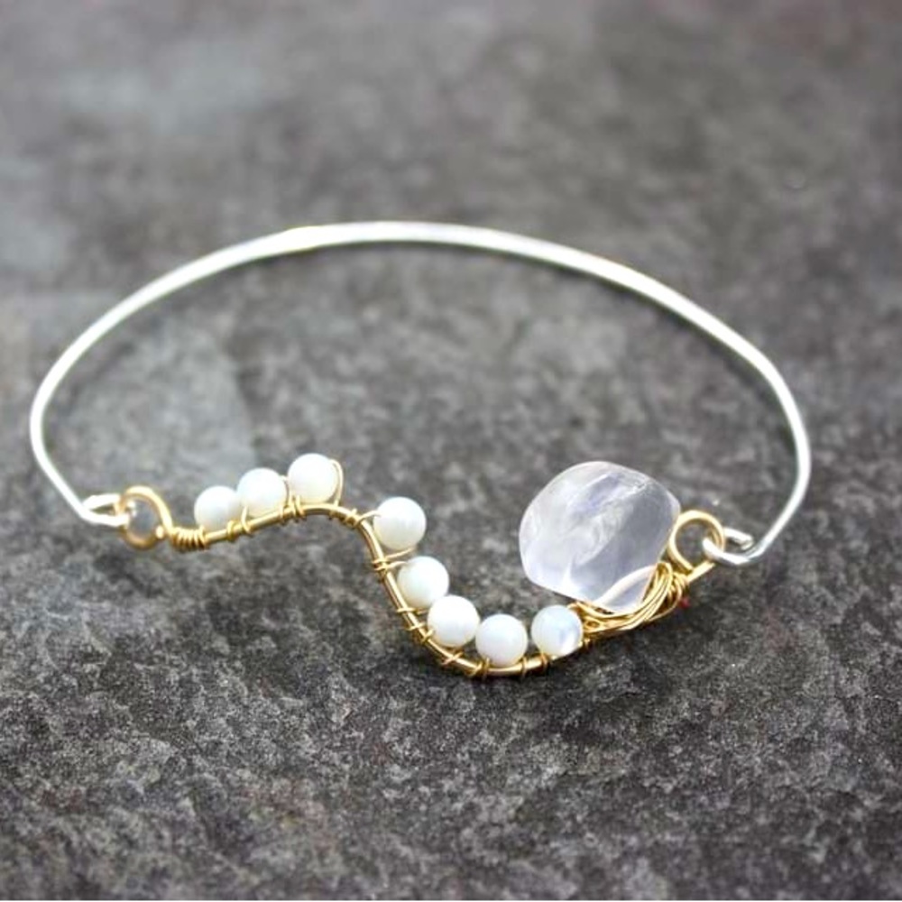 Sterling Silver Freshwater Pearl and Natural Quartz Bangle-Hand Wrapped